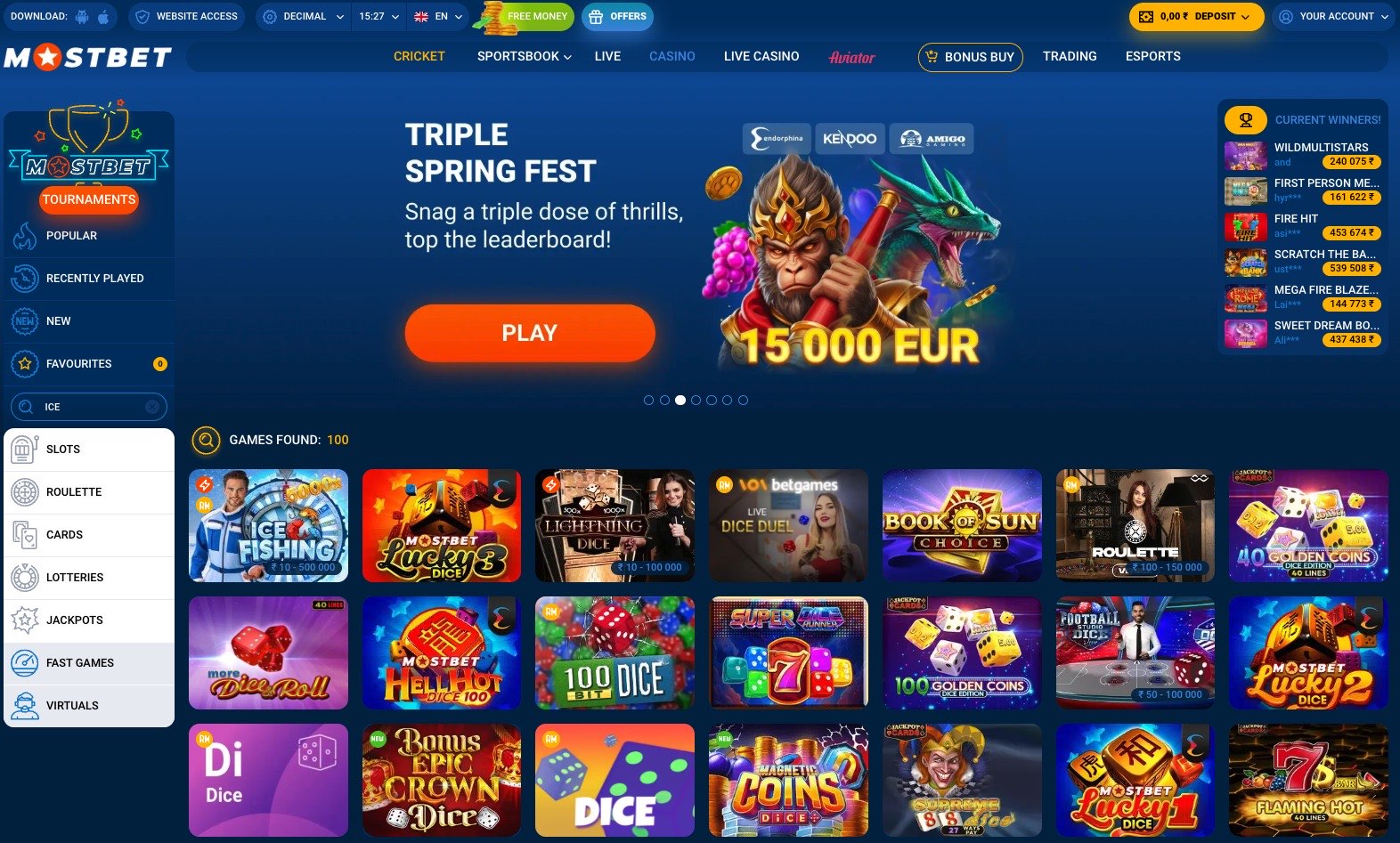 Mostbet live casino search results showing Ice Fishing in the game lobby