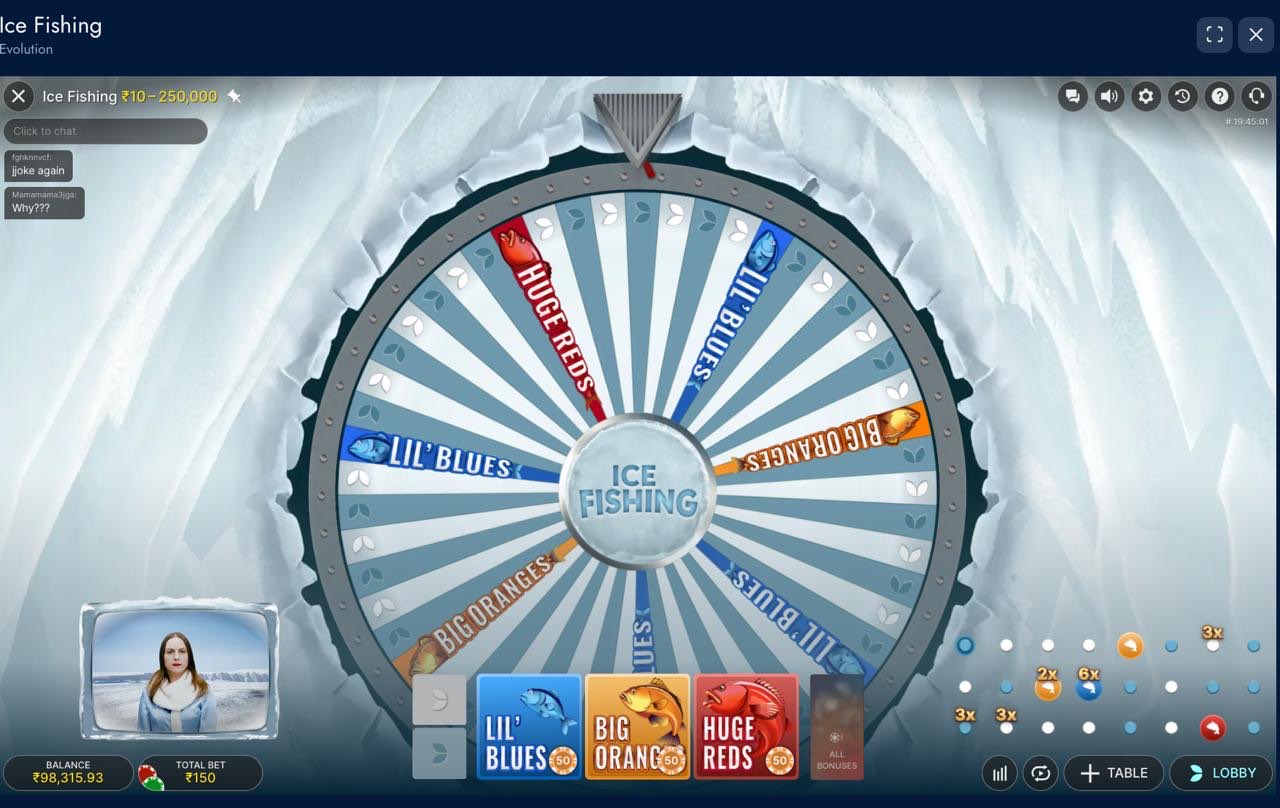 Ice Fishing live studio view on Mostbet showing the full wheel and bonus-bet positions before the spin