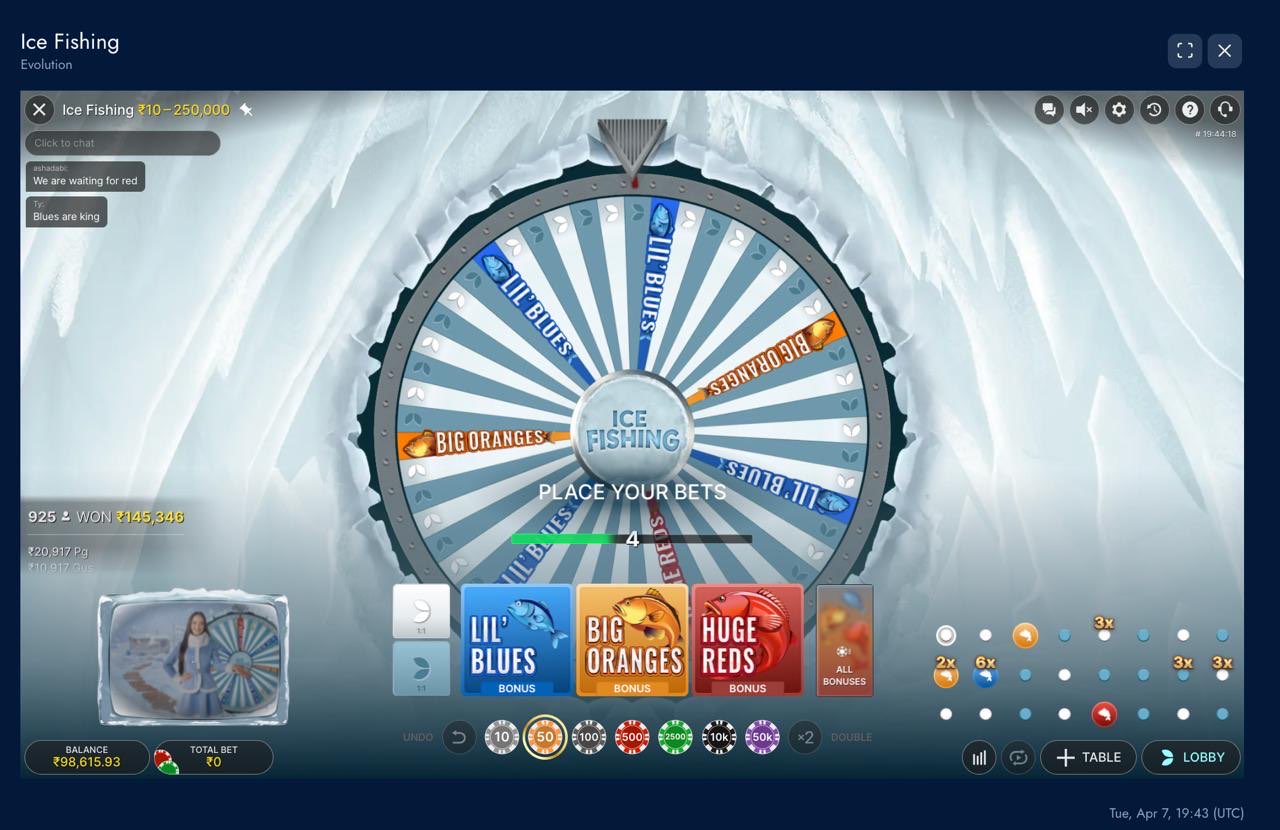 Ice Fishing on Mostbet showing the wheel, segment positions, and betting interface during the place-your-bets phase