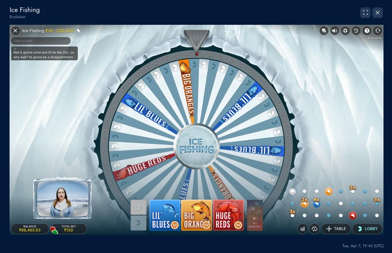 Ice Fishing live round on Mostbet showing the active wheel and presenter